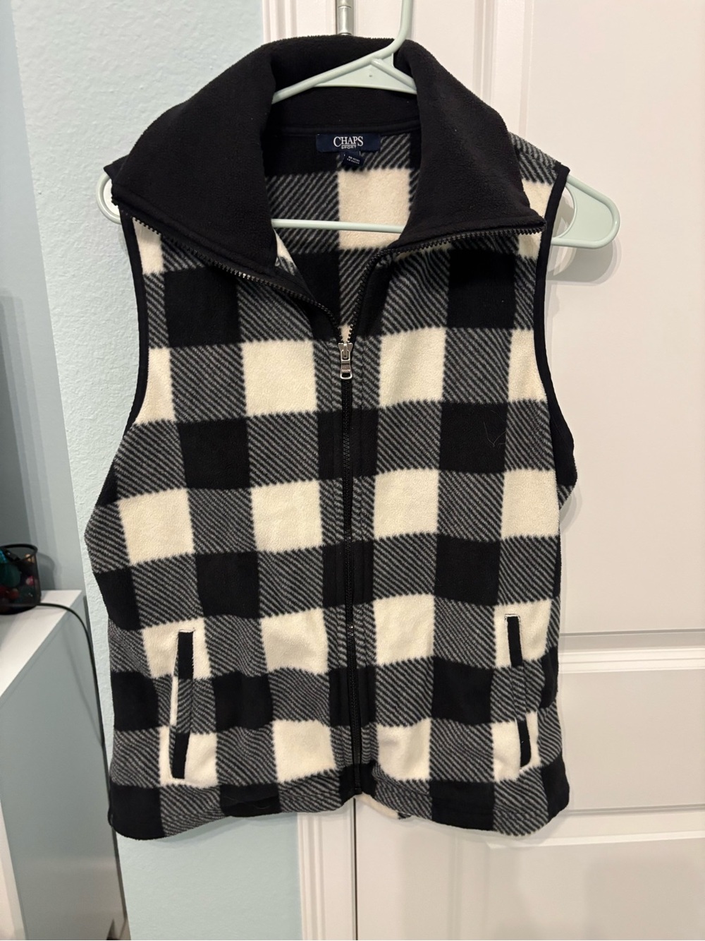 Chaps Black and White Buffalo Check Fleece Zip Vest
